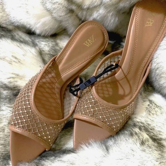 ZARA Embellished Mesh Slide Heels Nude Tan Size 8 NWT - Picture 8 of 16